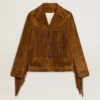 Giacca da donna in pelle scamosciata color tabacco con frange