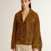 Giacca da donna in pelle scamosciata color tabacco con frange