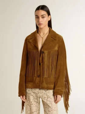 Giacca da donna in pelle scamosciata color tabacco con frange