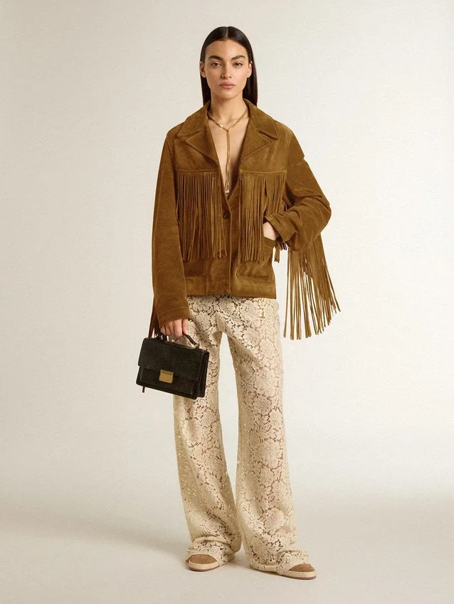 Giacca da donna in pelle scamosciata color tabacco con frange