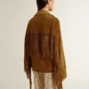 Giacca da donna in pelle scamosciata color tabacco con frange
