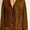 Giacca da donna in pelle scamosciata color tabacco con frange