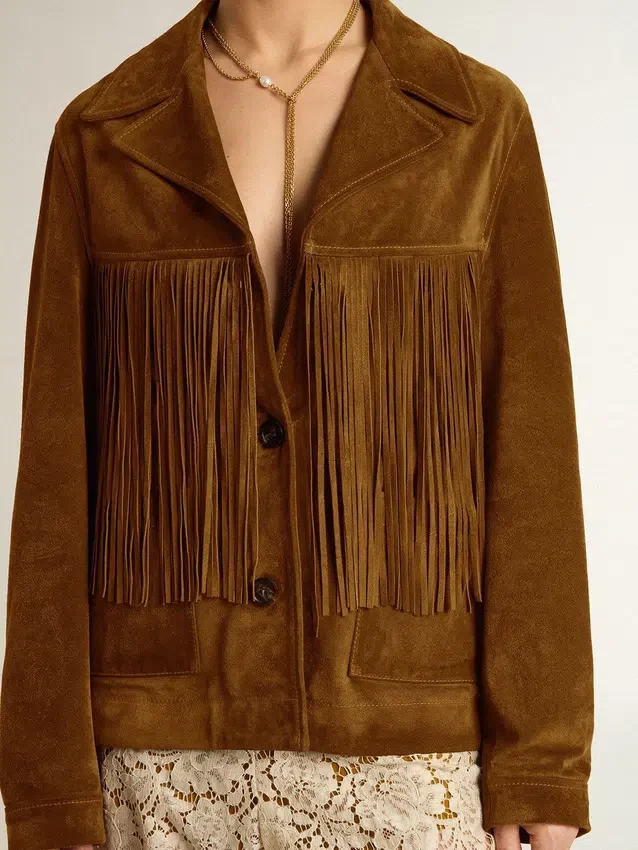 Giacca da donna in pelle scamosciata color tabacco con frange