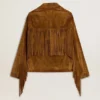 Giacca da donna in pelle scamosciata color tabacco con frange