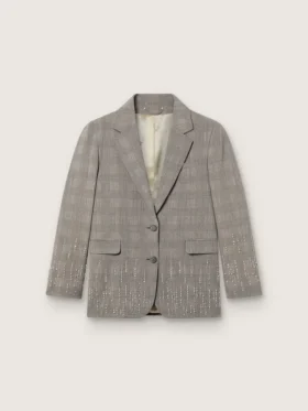 Giacca da donna in tessuto grigio con motivo Principe di Galles e ricami in cristallo