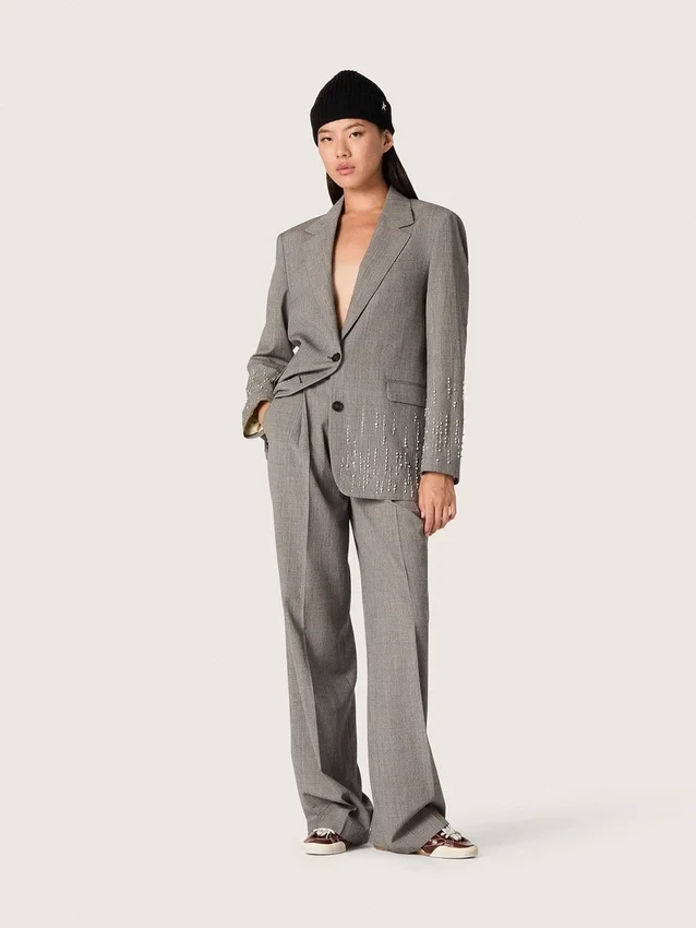 Giacca da donna in tessuto grigio con motivo Principe di Galles e ricami in cristallo