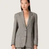 Giacca da donna in tessuto grigio con motivo Principe di Galles e ricami in cristallo
