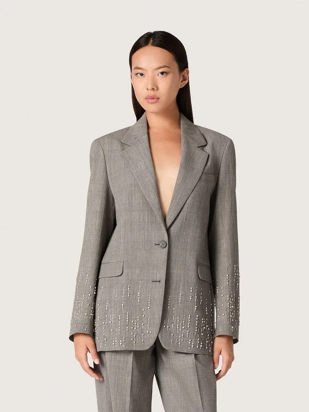 Giacca da donna in tessuto grigio con motivo Principe di Galles e ricami in cristallo