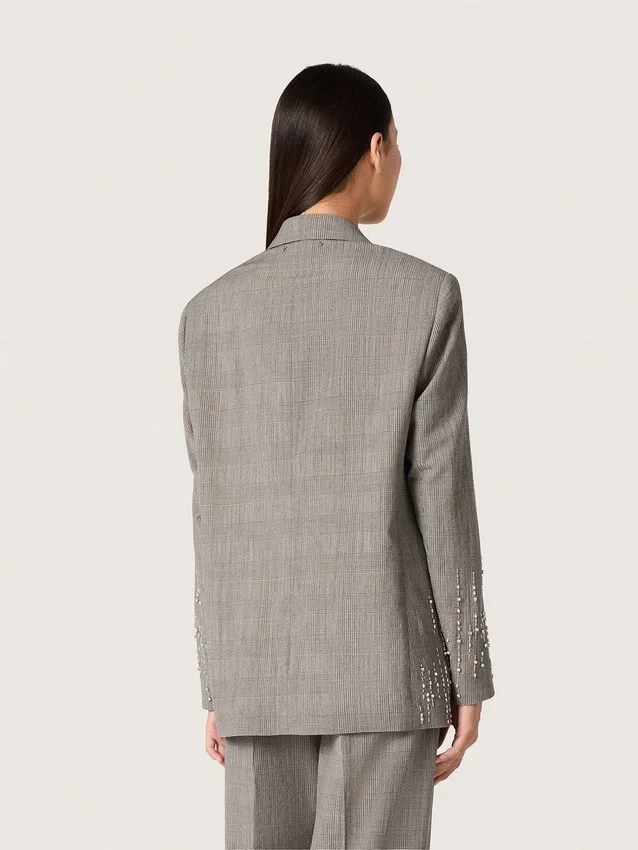 Giacca da donna in tessuto grigio con motivo Principe di Galles e ricami in cristallo