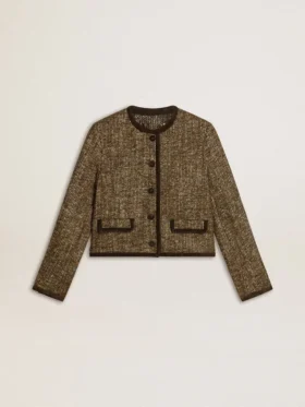 Giacca da donna Journey in tweed di lana con dettagli in pelle scamosciata color caffè