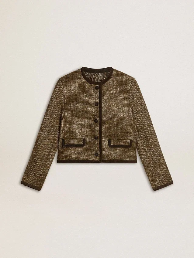 Giacca da donna Journey in tweed di lana con dettagli in pelle scamosciata color caffè