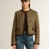 Giacca da donna Journey in tweed di lana con dettagli in pelle scamosciata color caffè