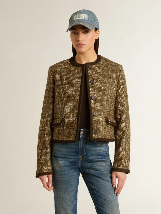 Giacca da donna Journey in tweed di lana con dettagli in pelle scamosciata color caffè