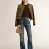 Giacca da donna Journey in tweed di lana con dettagli in pelle scamosciata color caffè