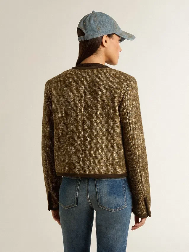Giacca da donna Journey in tweed di lana con dettagli in pelle scamosciata color caffè