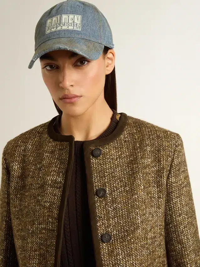 Giacca da donna Journey in tweed di lana con dettagli in pelle scamosciata color caffè