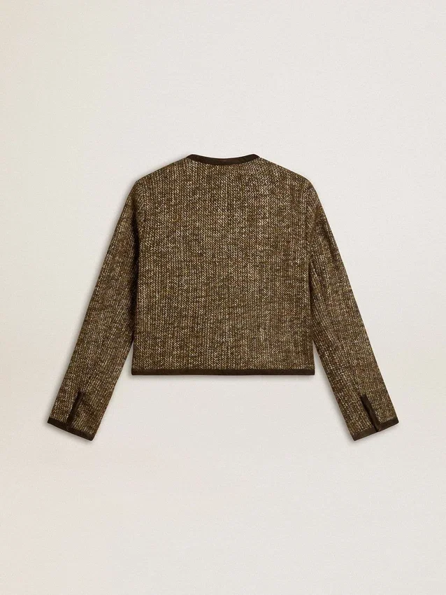 Giacca da donna Journey in tweed di lana con dettagli in pelle scamosciata color caffè