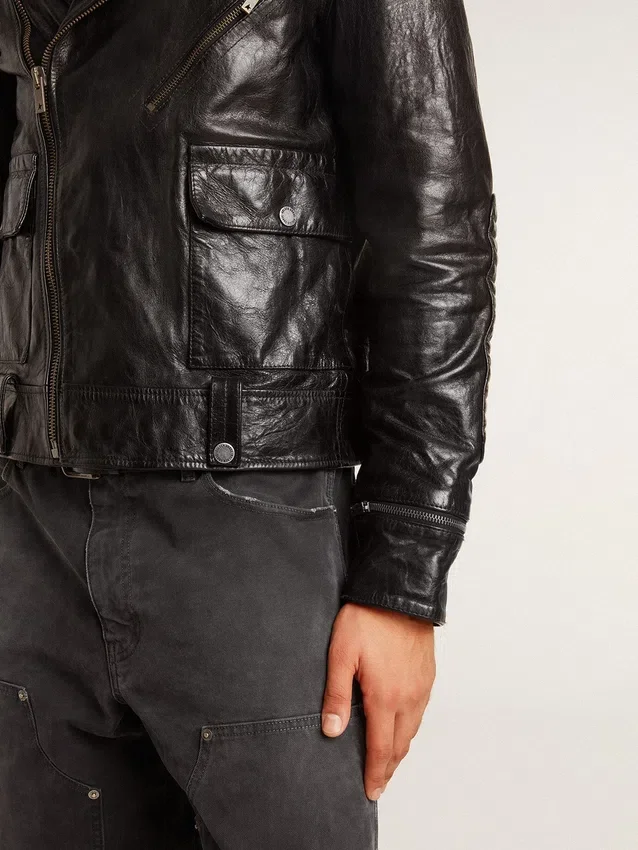 Giacca da motociclista da uomo in pelle nera con effetto lucido