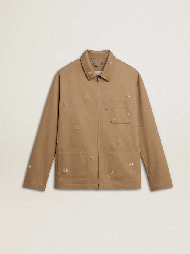 Giacca da uomo beige con ricami floreali e zip integrale