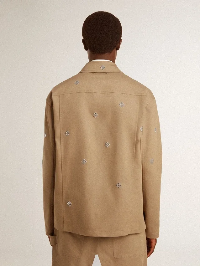 Giacca da uomo beige con ricami floreali e zip integrale