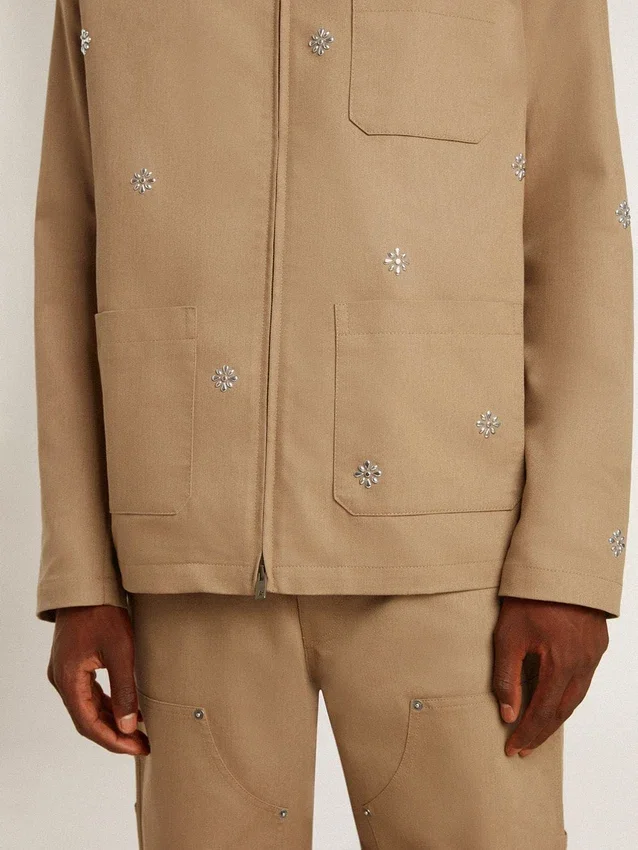 Giacca da uomo beige con ricami floreali e zip integrale