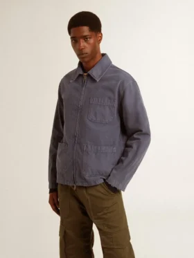 Giacca da uomo blu in denim di cotone con trattamento invecchiato