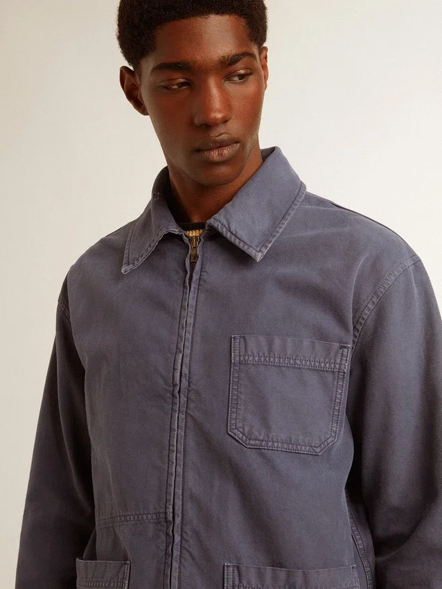 Giacca da uomo blu in denim di cotone con trattamento invecchiato
