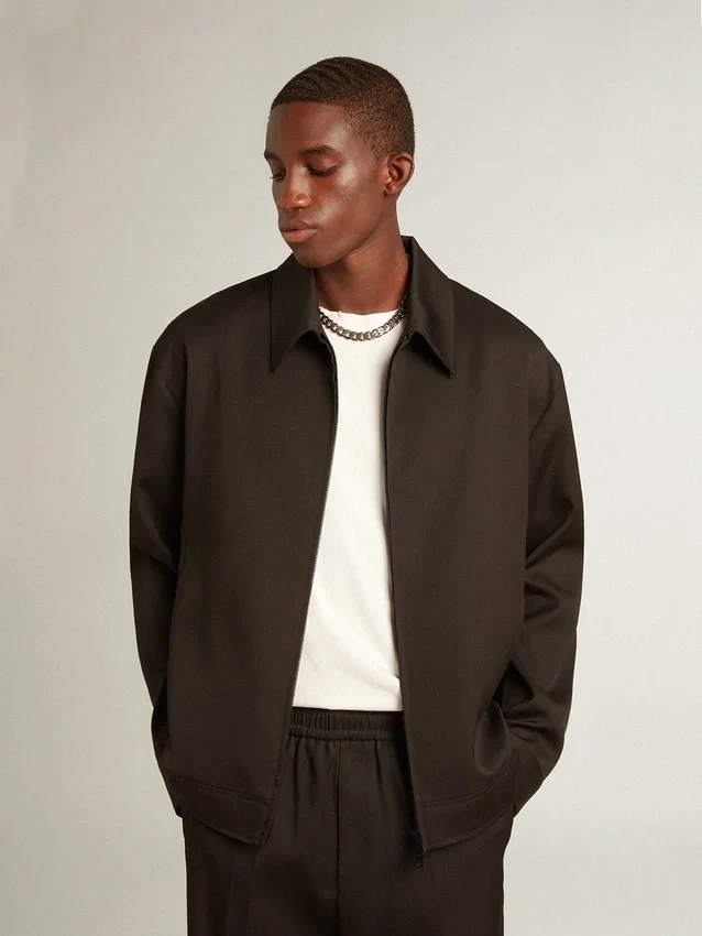 Giacca da uomo con zip in gabardina di lana nera