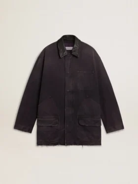Giacca da uomo in denim con dettagli consumati e collo in pelle