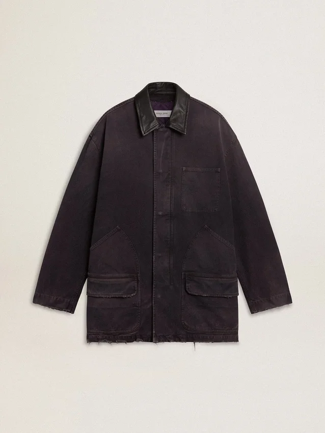 Giacca da uomo in denim con dettagli consumati e collo in pelle