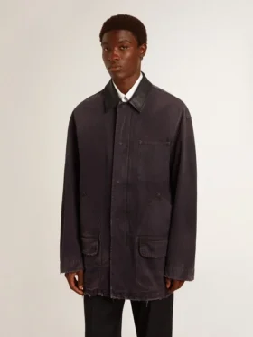 Giacca da uomo in denim con dettagli consumati e collo in pelle