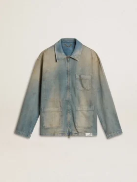 Giacca da uomo in denim effetto consumato con zip