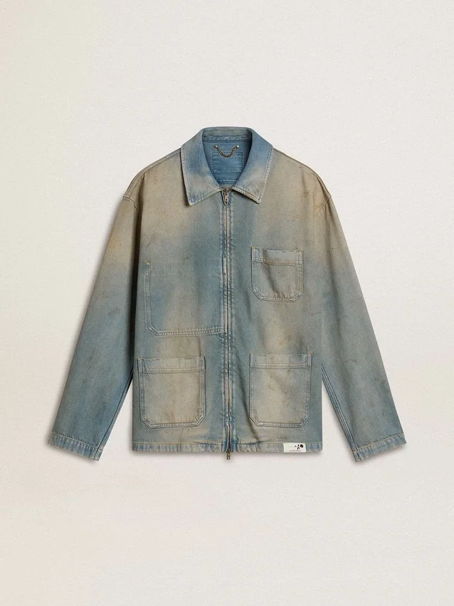 Giacca da uomo in denim effetto consumato con zip