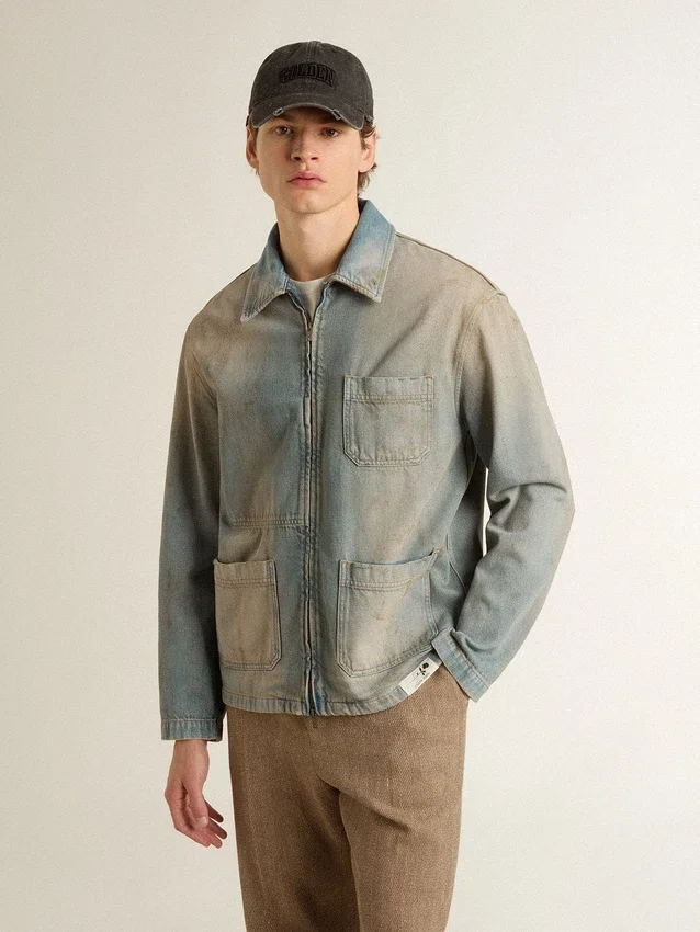 Giacca da uomo in denim effetto consumato con zip