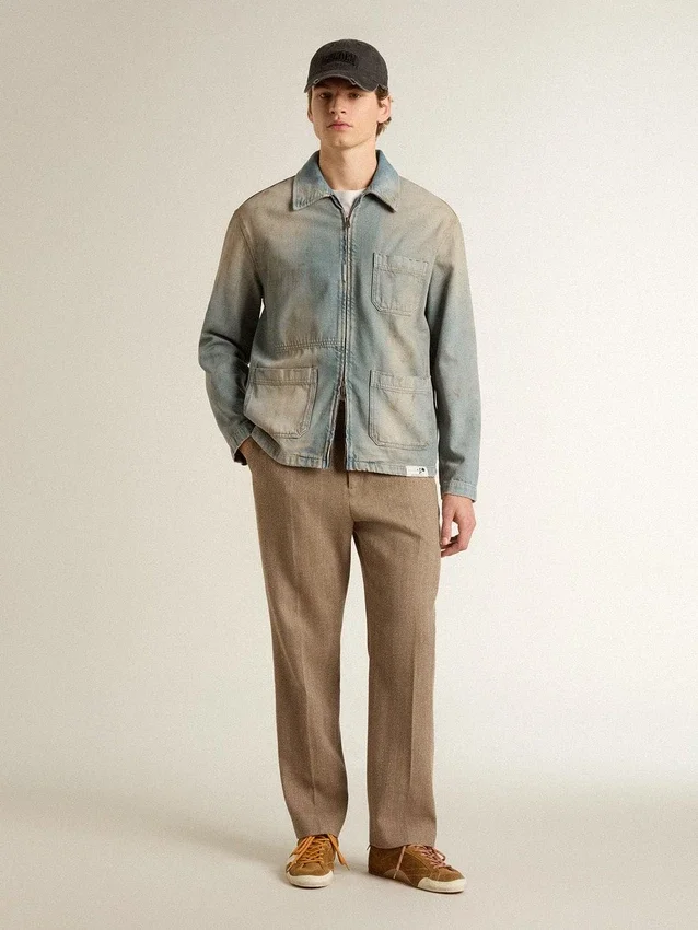 Giacca da uomo in denim effetto consumato con zip