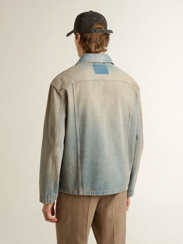 Giacca da uomo in denim effetto consumato con zip
