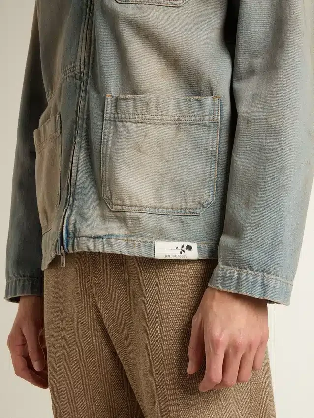 Giacca da uomo in denim effetto consumato con zip