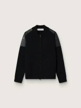 Giacca da uomo in lana merino nera con toppe in pelle