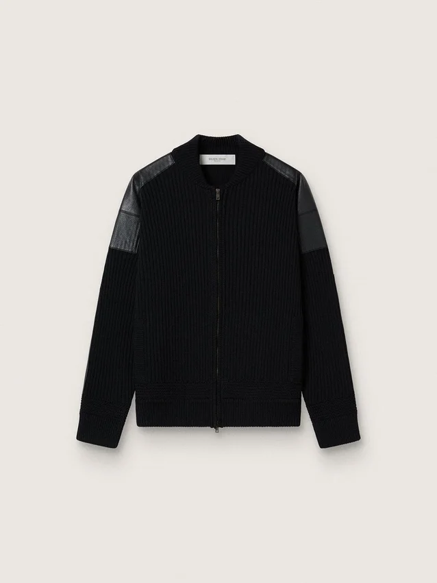 Giacca da uomo in lana merino nera con toppe in pelle