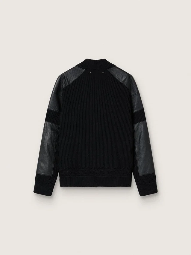 Giacca da uomo in lana merino nera con toppe in pelle