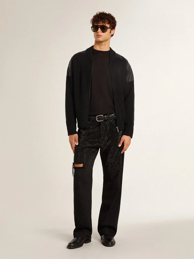 Giacca da uomo in lana merino nera con toppe in pelle