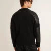 Giacca da uomo in lana merino nera con toppe in pelle