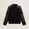 Giacca da uomo in lana merino nera con toppe in pelle