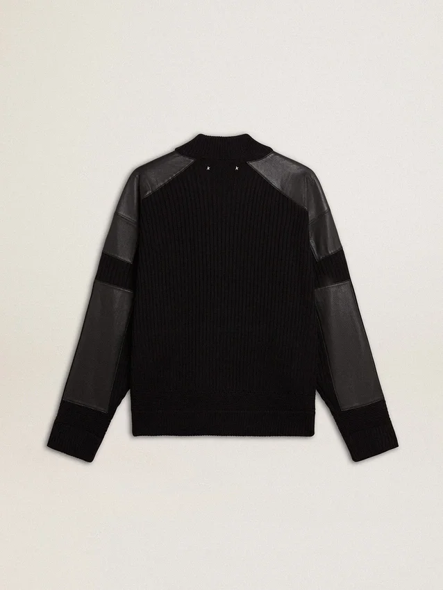 Giacca da uomo in lana merino nera con toppe in pelle