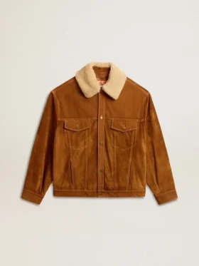 Giacca da uomo in pelle crosta color tabacco con collo in shearling