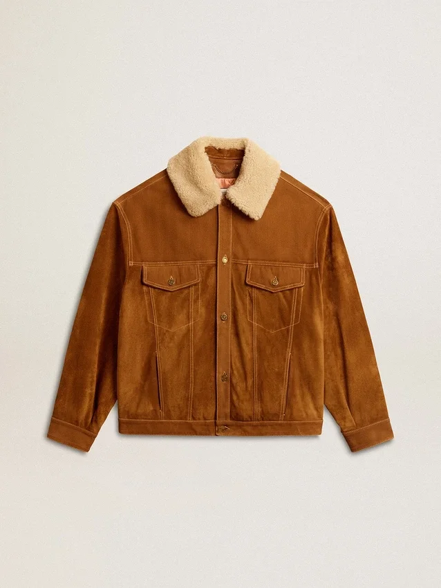 Giacca da uomo in pelle crosta color tabacco con collo in shearling