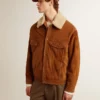 Giacca da uomo in pelle crosta color tabacco con collo in shearling