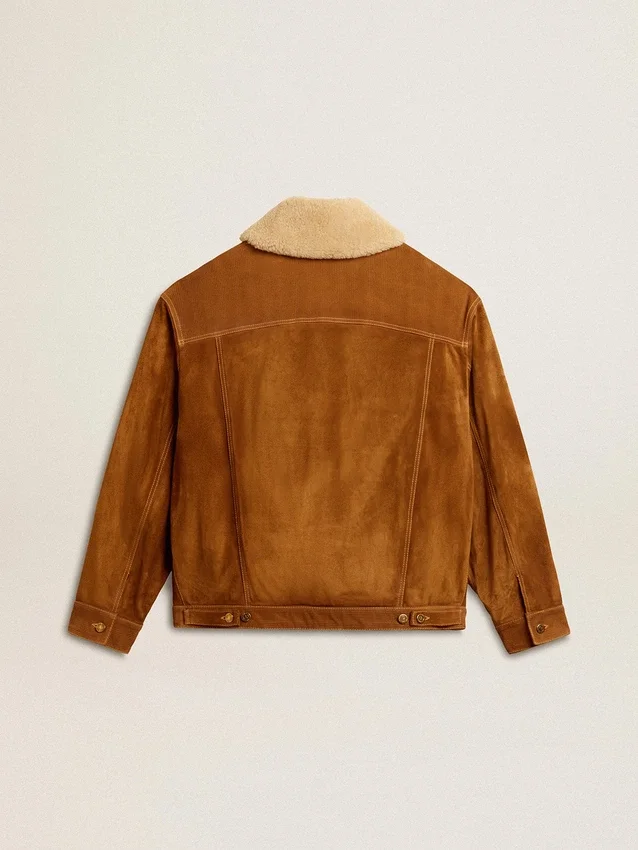 Giacca da uomo in pelle crosta color tabacco con collo in shearling