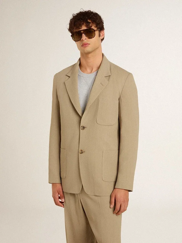 Giacca da uomo monopetto beige a righe sottili con vestibilità oversize