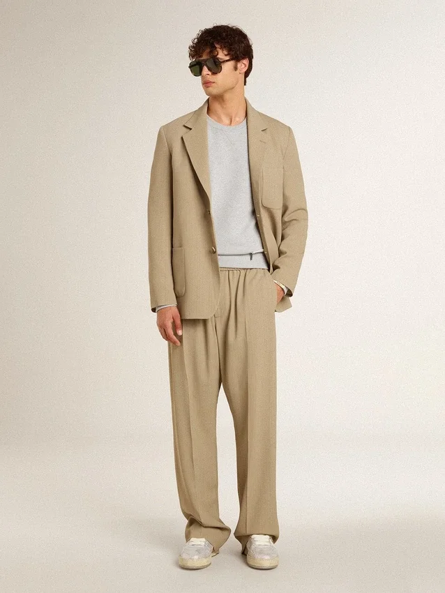 Giacca da uomo monopetto beige a righe sottili con vestibilità oversize